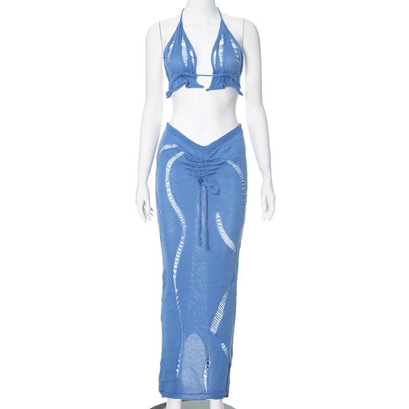 Halter knitted drawstring self tie slit maxi skirt set