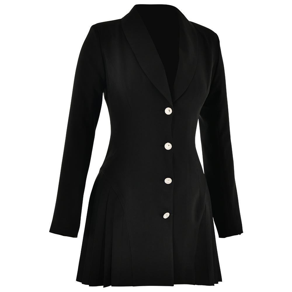 Turnover collar long sleeve v neck button pleated mini dress