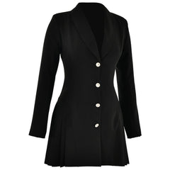 Turnover collar long sleeve v neck button pleated mini dress
