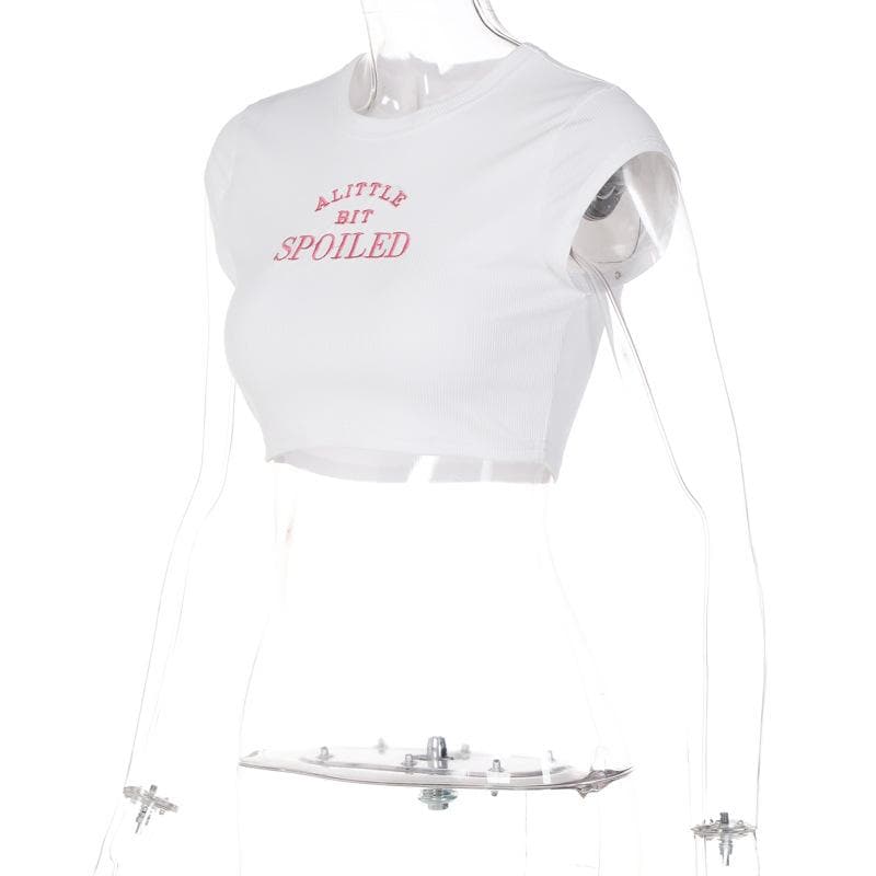 embroidery contrast crewneck cap sleeve crop top