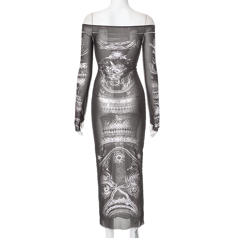 Long sleeve off shoulder abstract mesh maxi dress