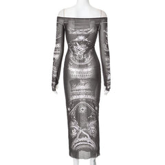 Long sleeve off shoulder abstract mesh maxi dress