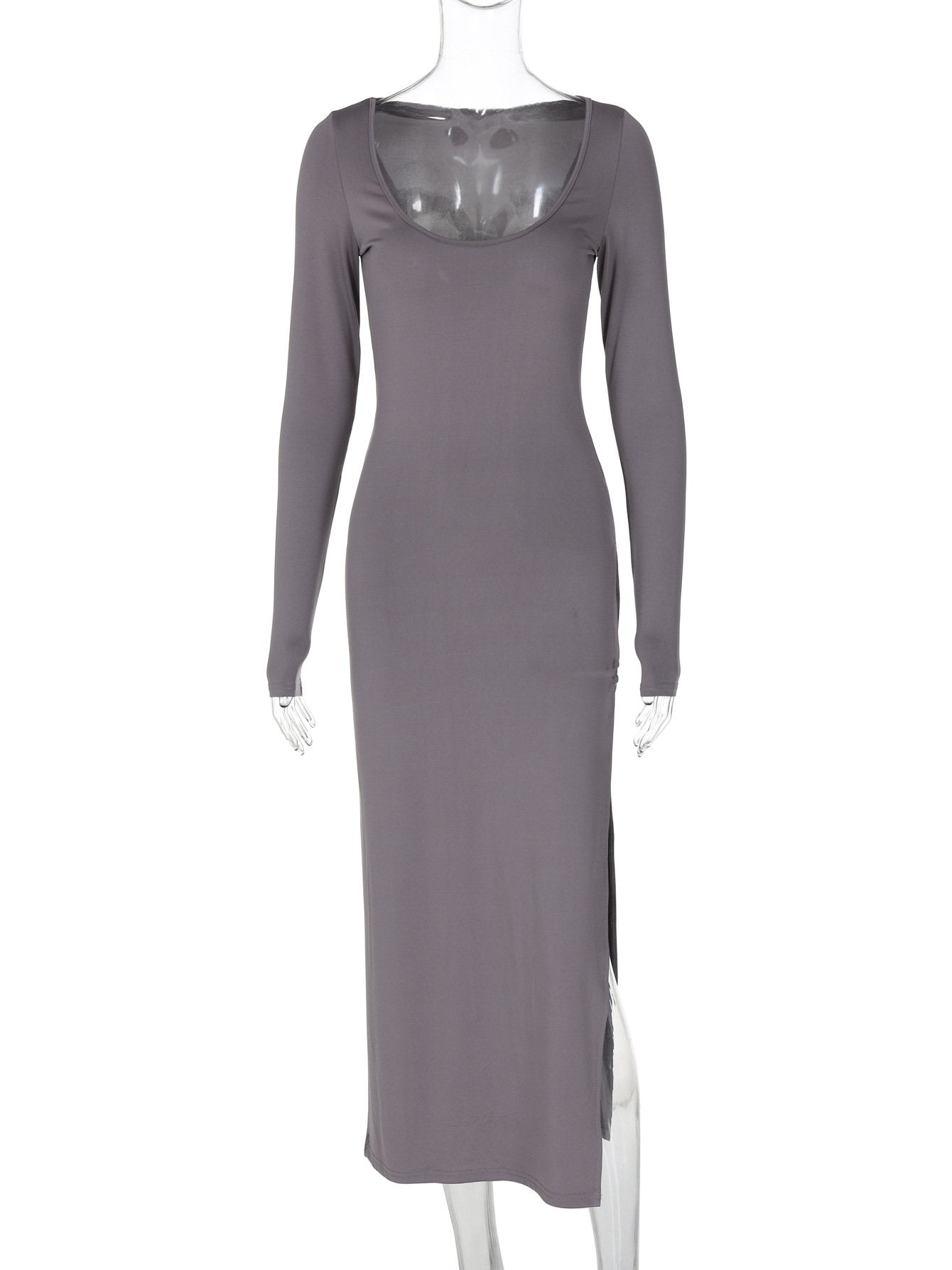 U neck long sleeve slit solid maxi dress