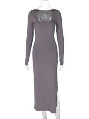 U neck long sleeve slit solid maxi dress