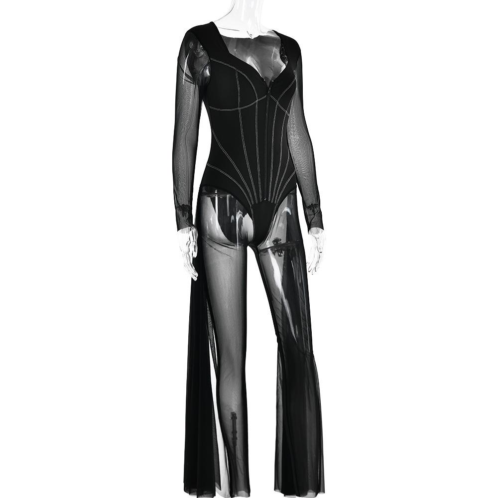 Long sleeve stitch mesh zip-up jumpsuit