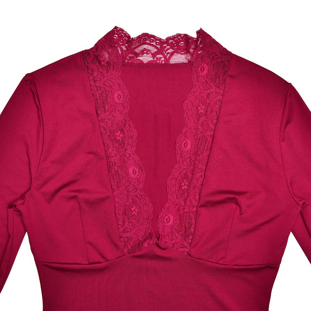 Long flared sleeve deep V neck lace hem top