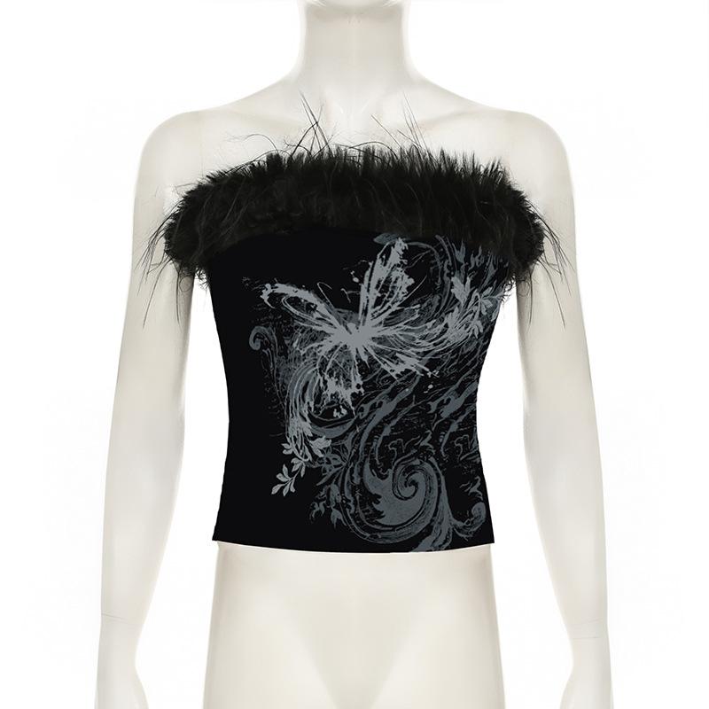 Butterfly print fluffy tube top