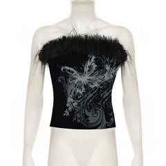 Butterfly print fluffy tube top
