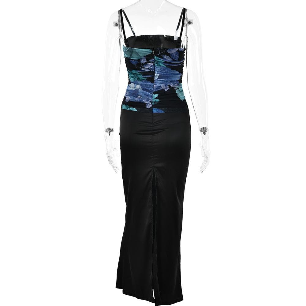 Ruched flower print zip-up square neck contrast slit maxi dress  | red tango dress