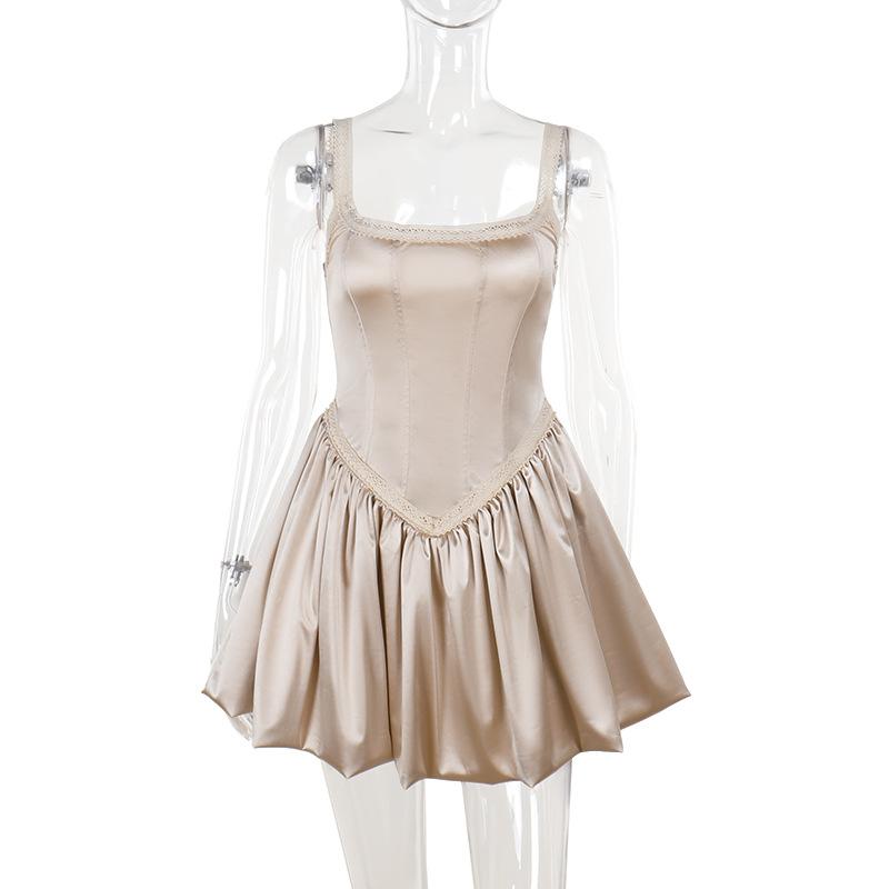 U neck lace hem ruched cami mini dress