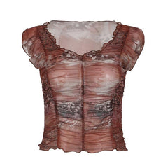 Cap sleeve ruffle sheer mesh print ruched top