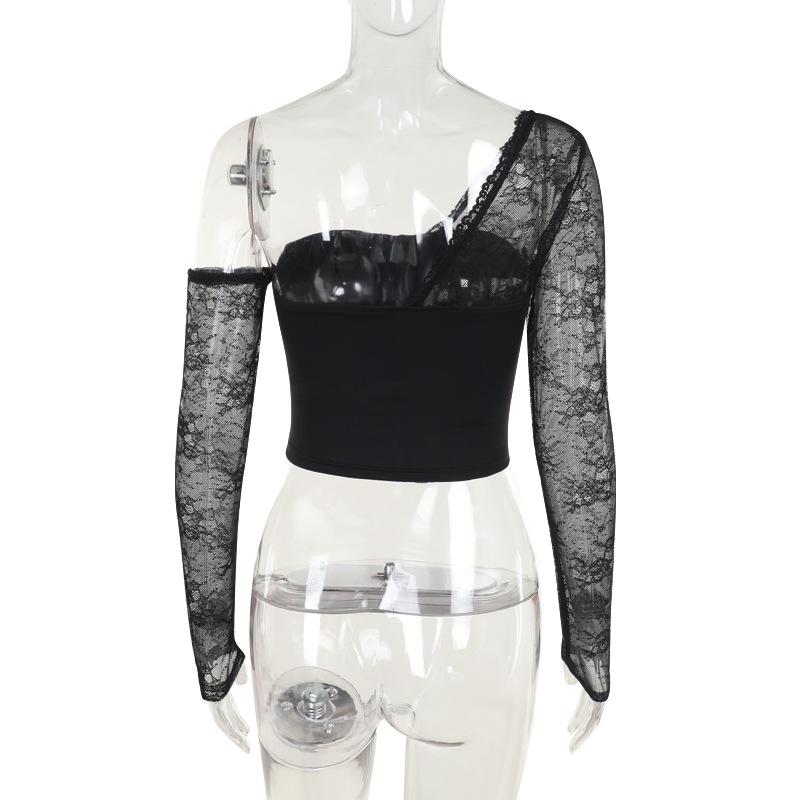 One shoulder long sleeve patchwork lace top