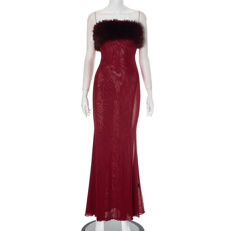 Fluffy mesh tube maxi dress