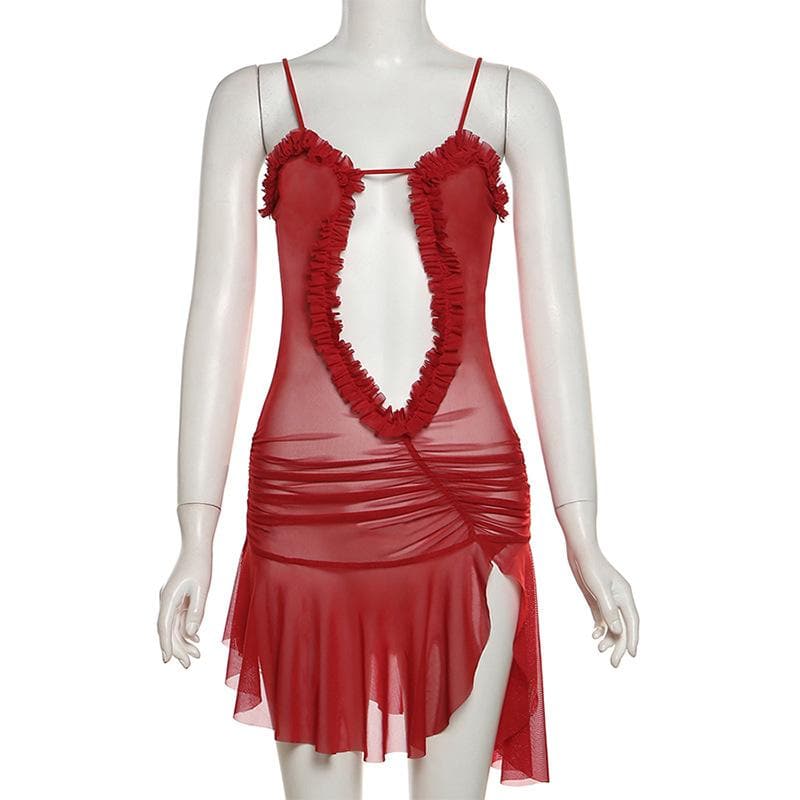 Ruched ruffle slit sheer mesh hollow out cami mini dress  | red tango dress  | samba dress