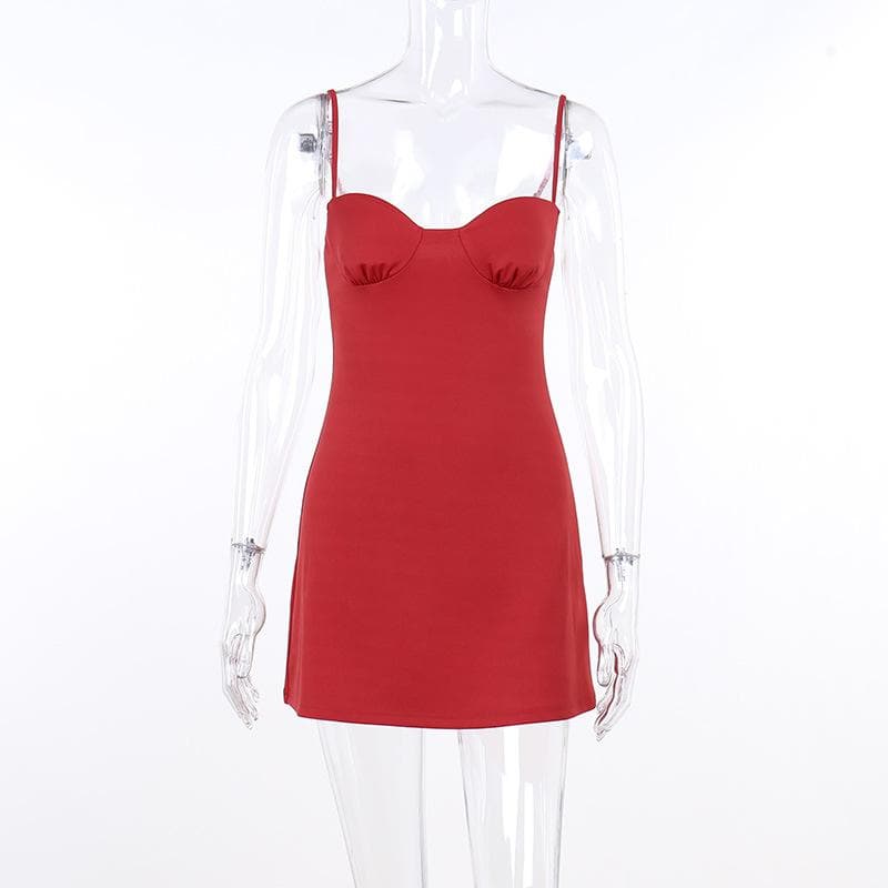 Sweetheart neck ruched solid backless cami mini dress  | red tango dress