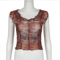 Cap sleeve ruffle sheer mesh print ruched top