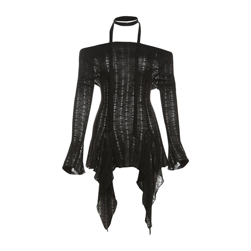 Off shoulder long sleeve knitted ruffle top