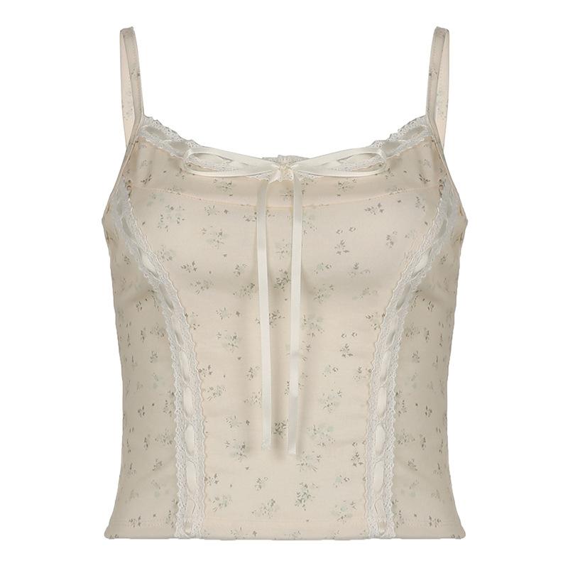 Lace hem bowknot ribbon print stitch cami top