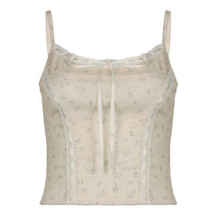 Lace hem bowknot ribbon print stitch cami top
