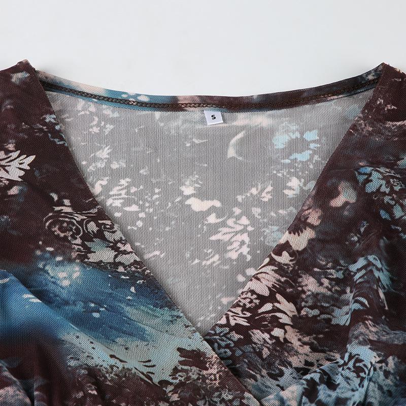 V neck long flared sleeve abstract mesh top
