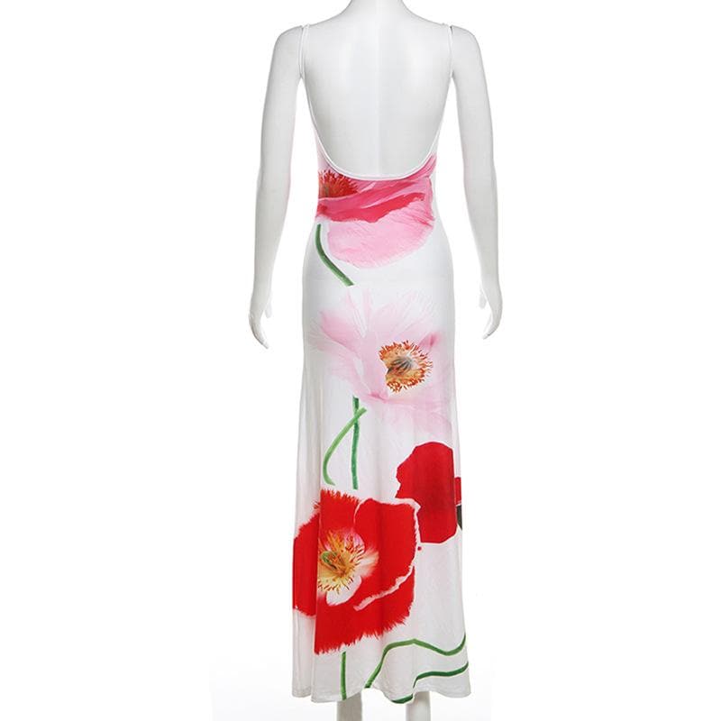 Flower print backless u neck cami maxi dress