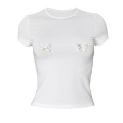 Short sleeve butterfly embroidery crop top