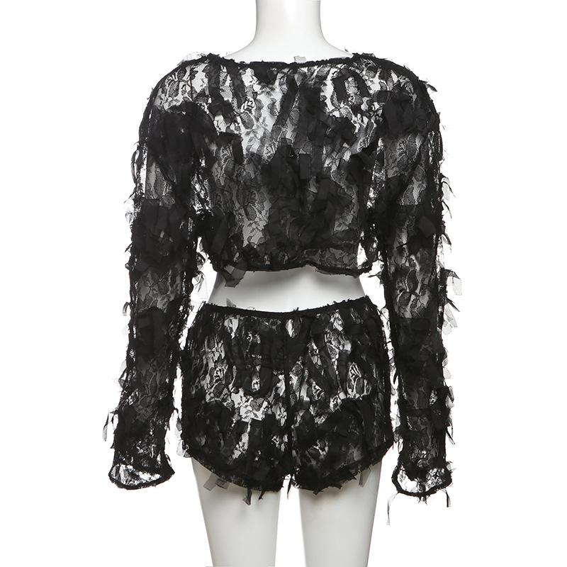 Long sleeve mesh ruffle crop short pant set