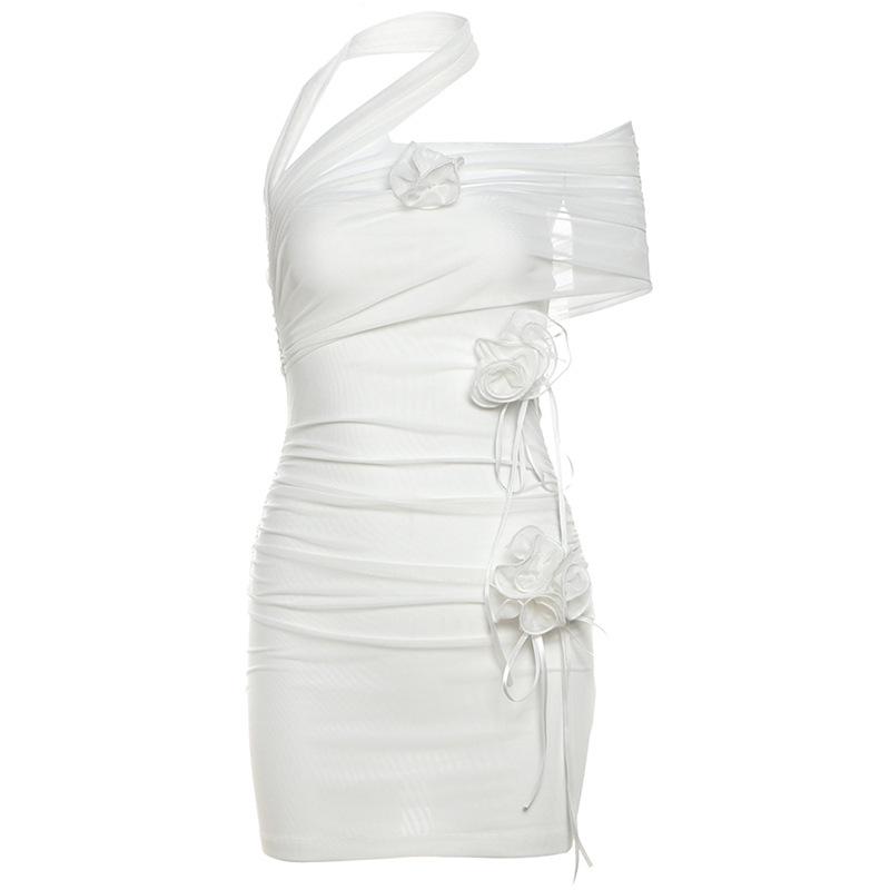 Halter flower applique mesh mini dress