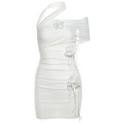 Halter flower applique mesh mini dress