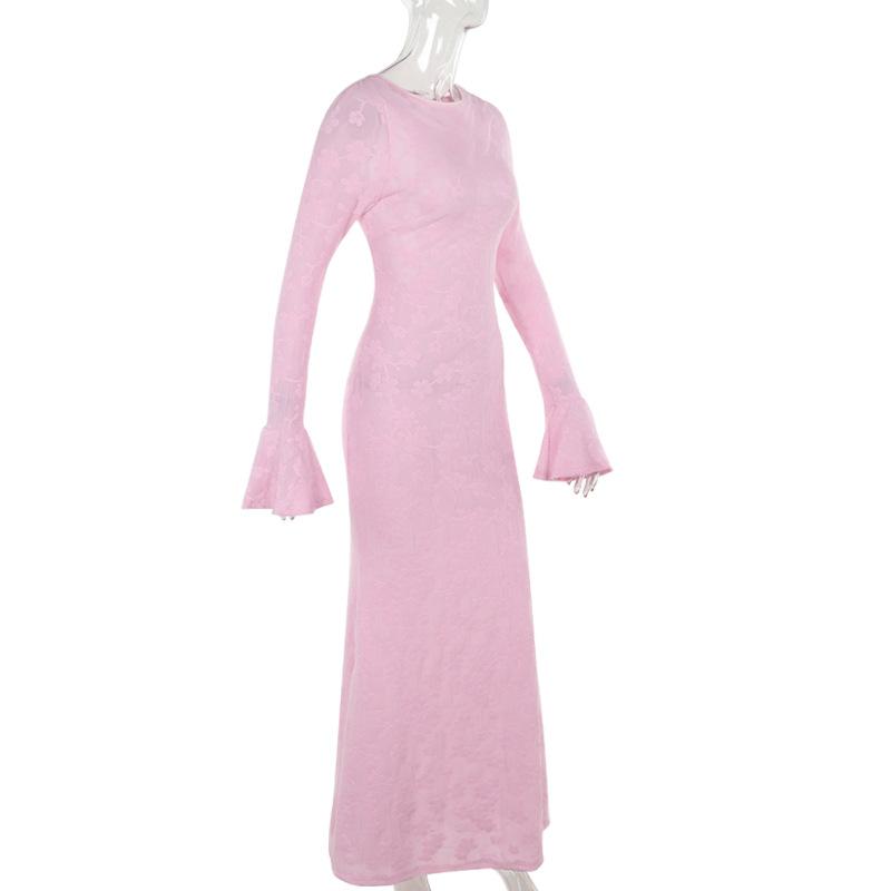 Crewneck long sleeve lace up flower pattern maxi dress