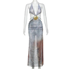 Halter self tie deep V neck sheer mesh shell applique maxi dress  | samba dress