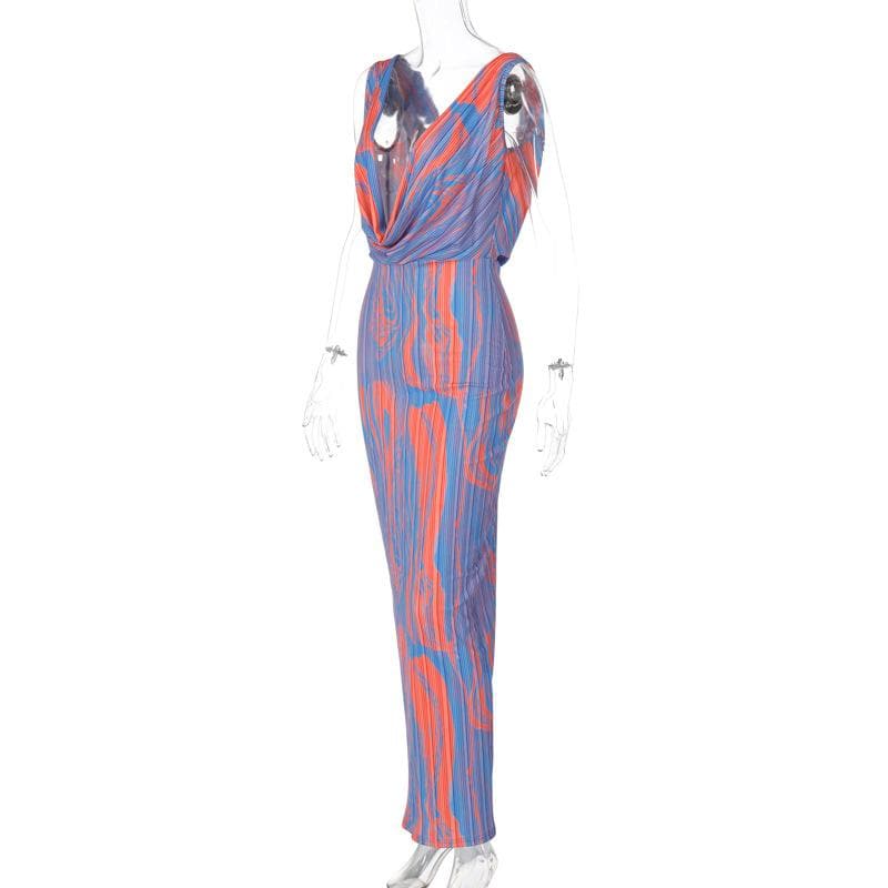 Contrast print cowl neck sleeveless backless maxi dress  | red tango dress