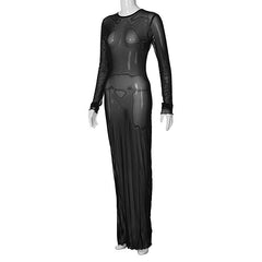 Long sleeve solid crewneck sheer mesh maxi dress  | samba dress