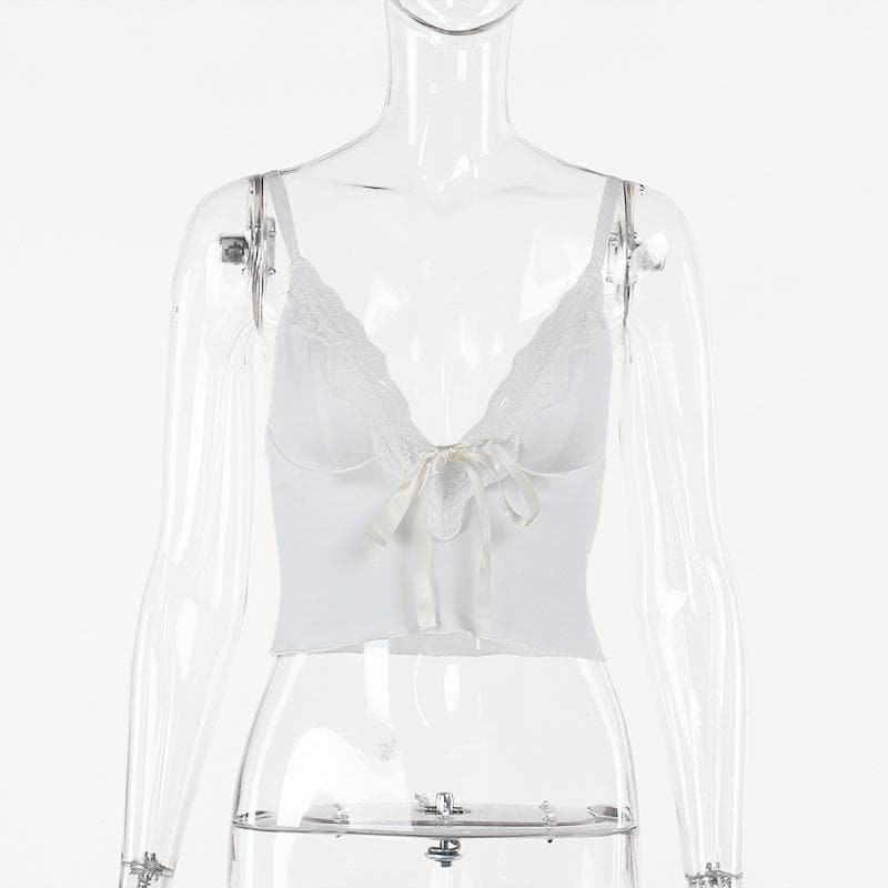 V neck lace hem backless bowknot ribbon crop cami top