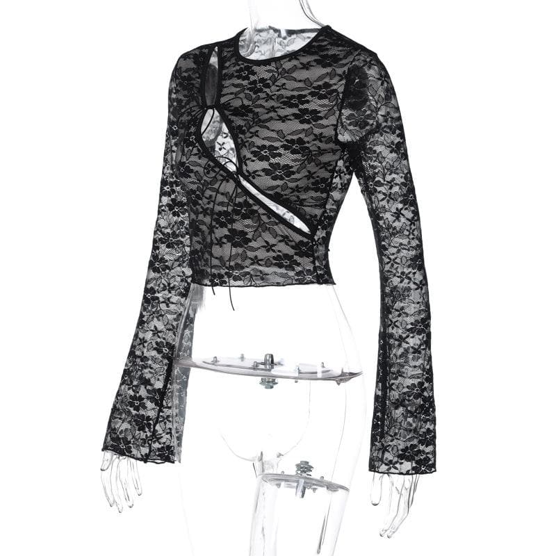 Long sleeve hollow out see through lace crop cut out top