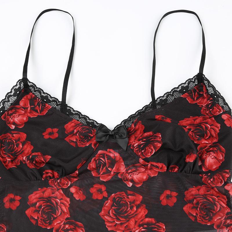 V neck rose print bowknot mesh cami top