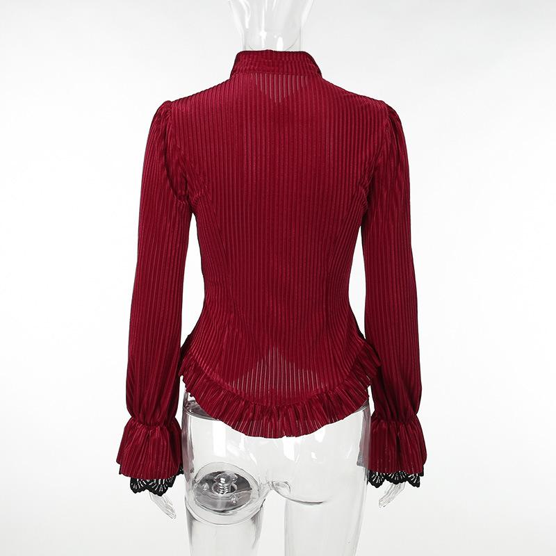 Turnover collar long sleeve corduroy lace hem top
