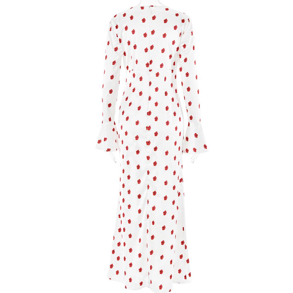 Long flared sleeve flower print zip-up maxi dress