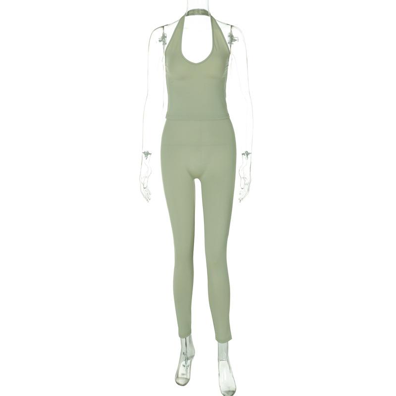 Halter u neck solid backless pant set