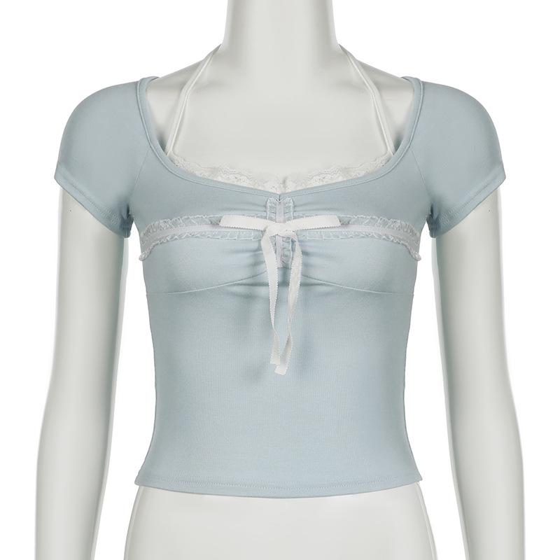 Halter short sleeve bowknot lace hem top