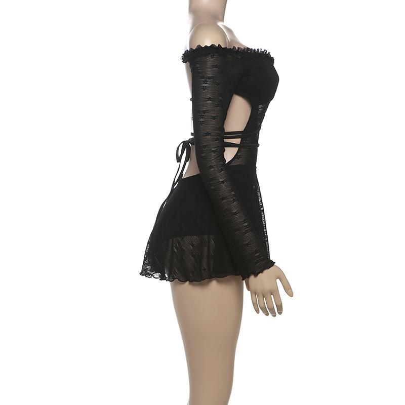 Off shoulder long sleeve hollow out self tie mini dress