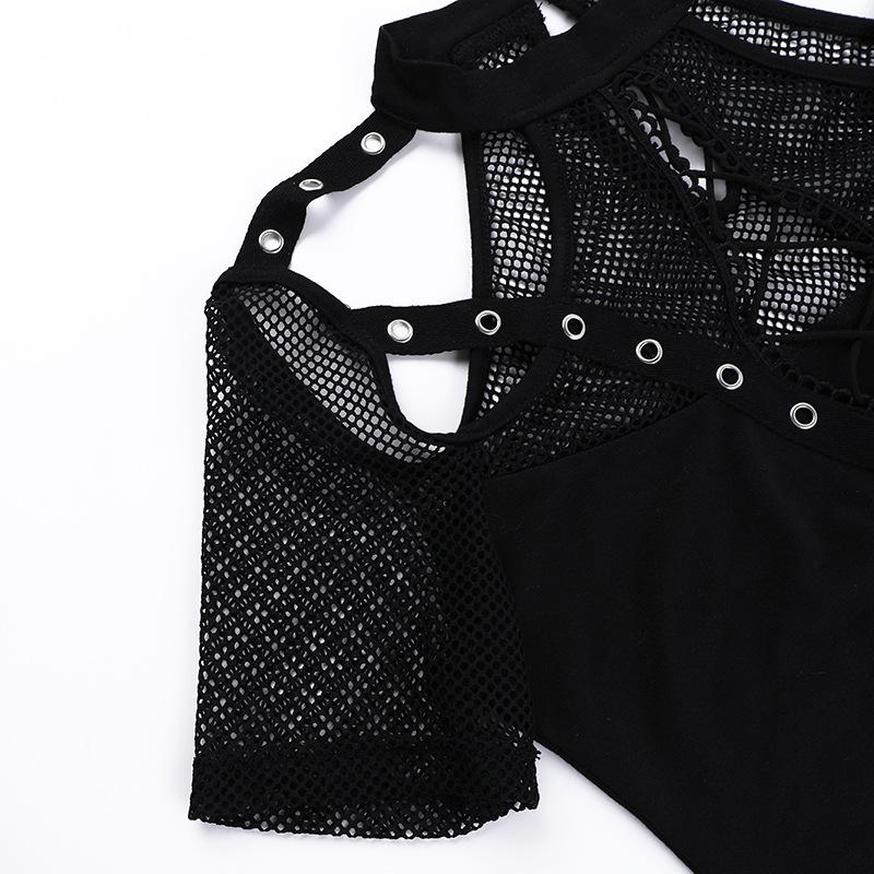 Short sleeve fishnet hollow out patchwork top