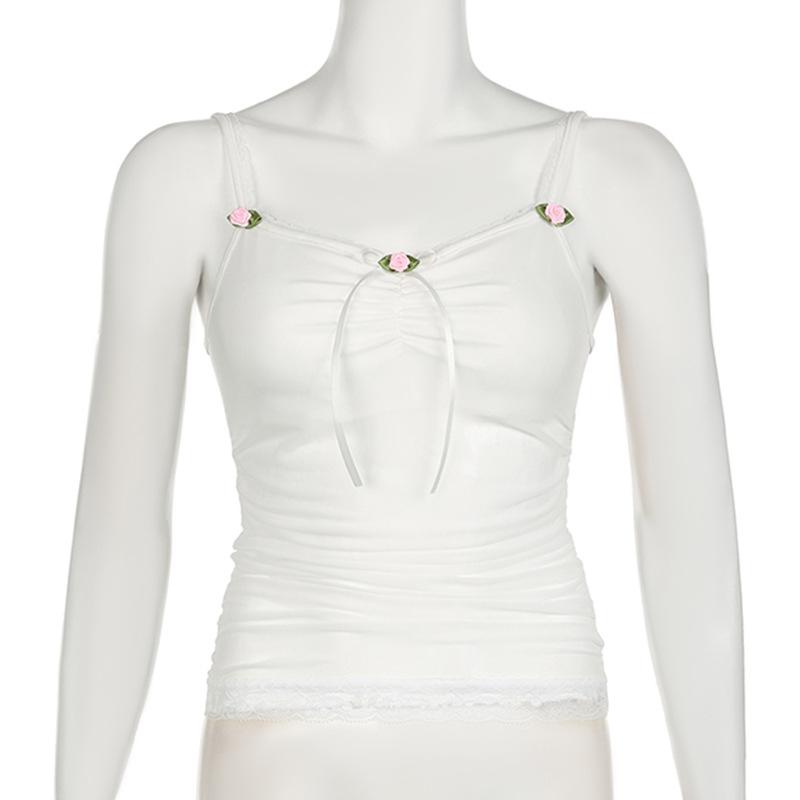 Flower applique ribbon ruched lace hem cami top