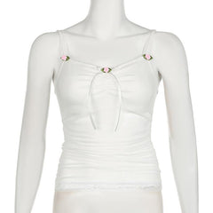 Flower applique ribbon ruched lace hem cami top