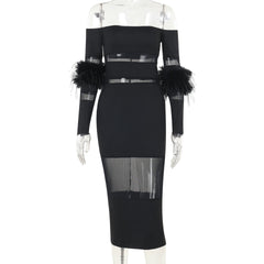 Off shoulder long sleeve fluffy mesh patchwork mini dress