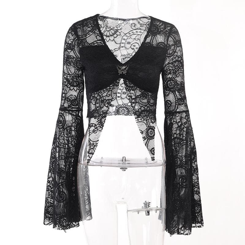 Flared sleeve lace slit v neck solid crop top