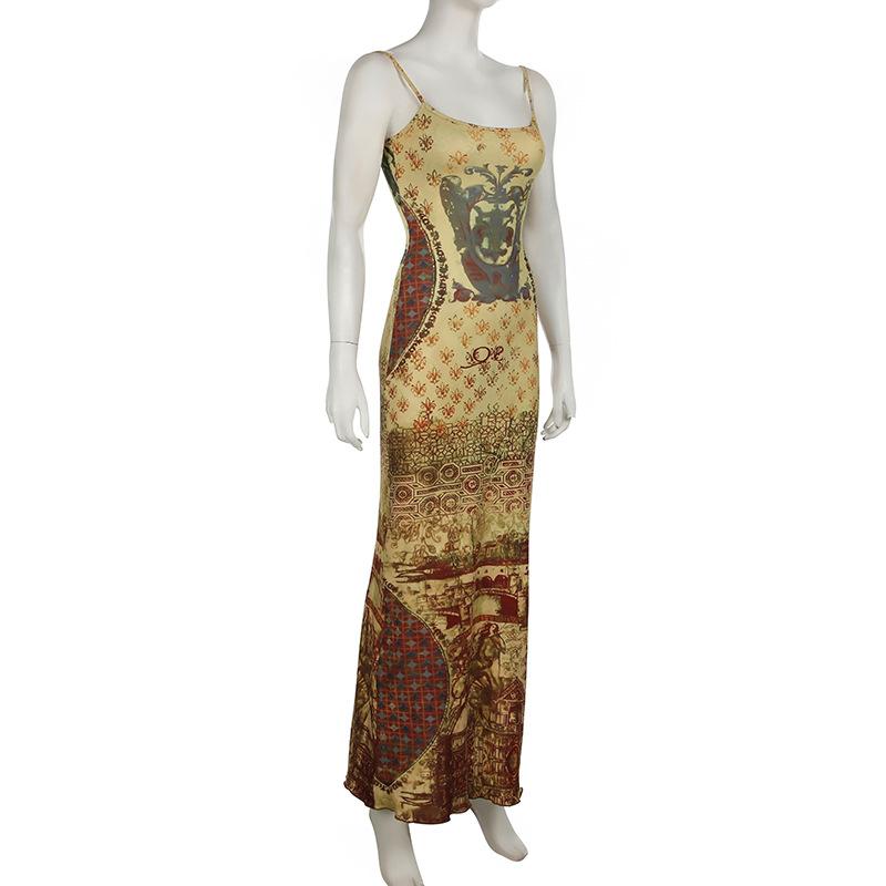 Print abstract backless cami maxi dress