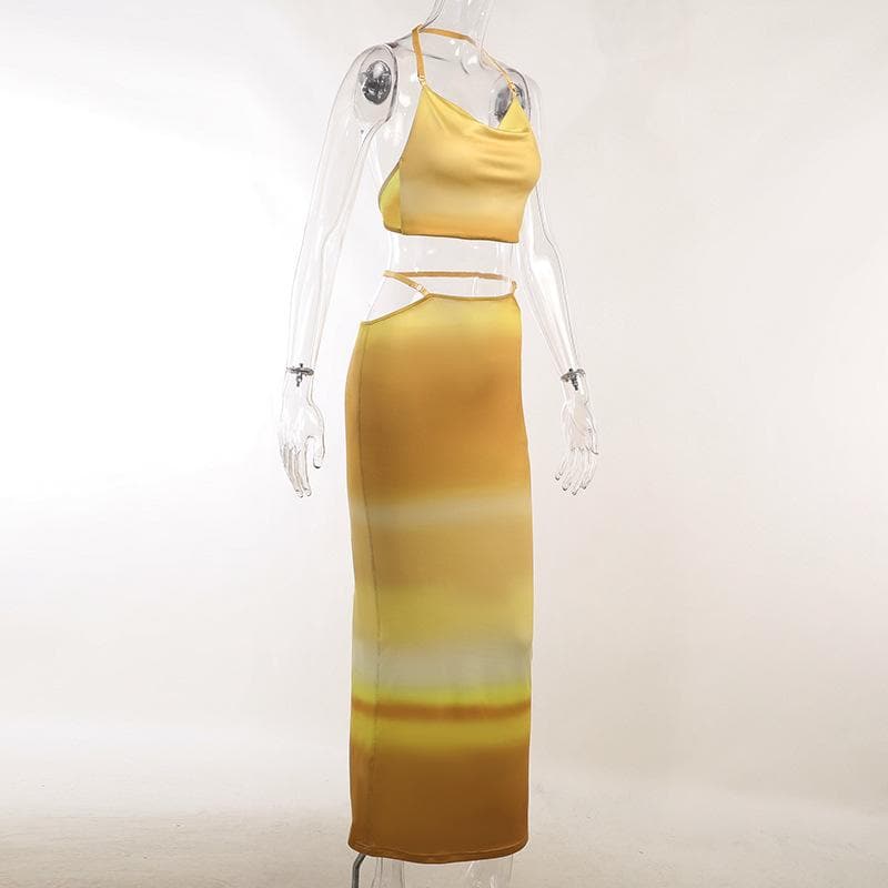 Halter contrast gradient hollow out cowl neck midi skirt set