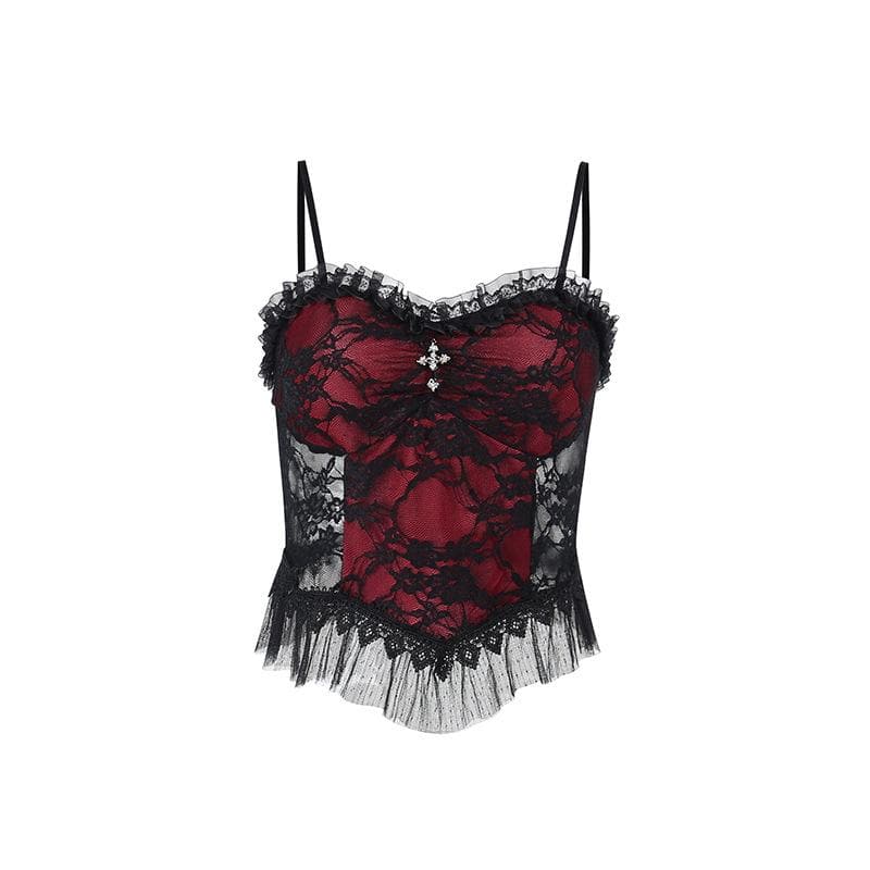 Sleeveless lace hem contrast spider web applique backless crop top