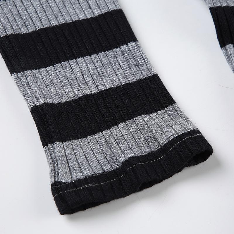 Hoodie v neck long sleeve striped knitted top